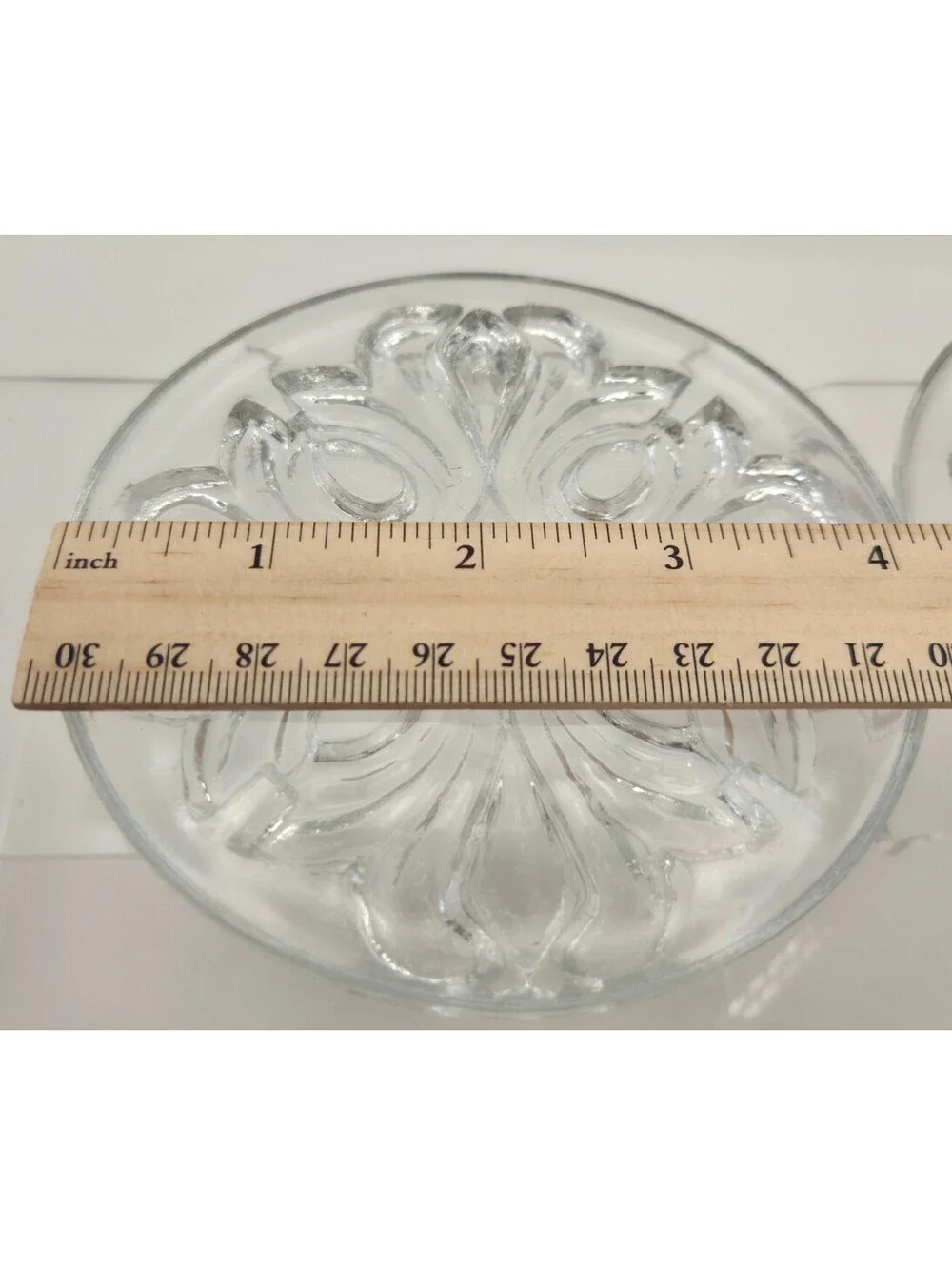Pair Clear Pressed Glass Round Candle Holders Coasters Raised Floral Scroll